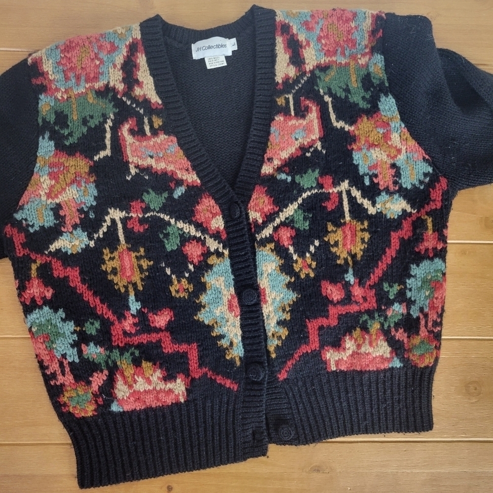 Vintage floral black button up cardigan sweater - Picture 5 of 8